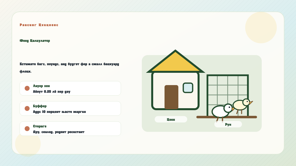 Illustrated chicken feed calculator showing flock size, feed amount, bag count, storage, and cost estimate.
