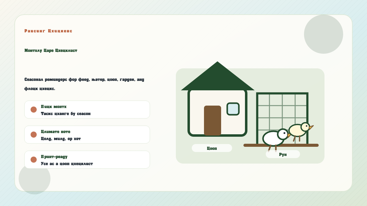 Illustrated monthly chicken care checklist showing month, climate, water, bedding, coop, garden, and weather tasks.