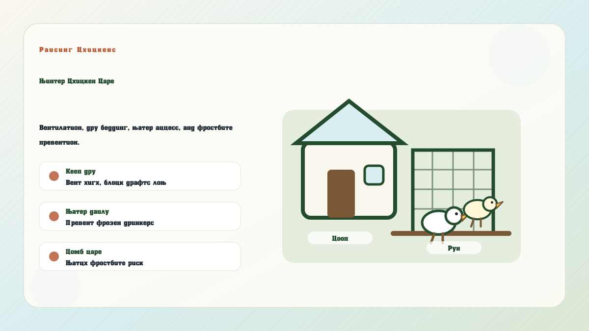 Illustrated winter chicken care checklist showing ventilation, dry bedding, liquid water, wind protection, and frostbite checks.
